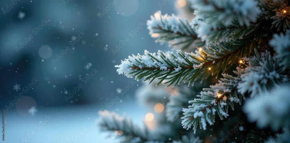 Frosty branches adorn the Christmas tree with sparkling snowflakes, delicate details, winter wonderland Frosty branches adorn the Christmas tree with sparkling snowflakes, delicate details, winter wonderland