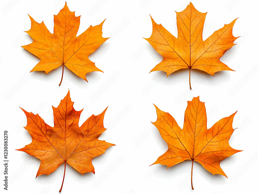 Four autumn maple leaves, white background, fall foliage, design element Four autumn maple leaves, white background, fall foliage, design element