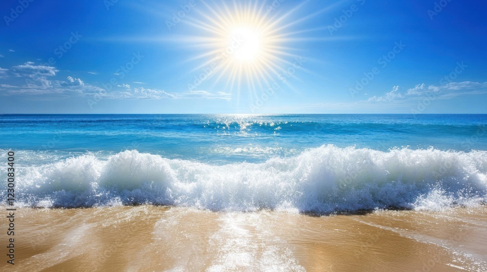 Bright Sun Shining Over Ocean Waves Crashing On Sandy Beach Bright Sun Shining Over Ocean Waves Crashing On Sandy Beach