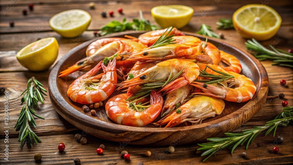 Delicious Cooked Shrimp with Rosemary and Lemon on Rustic Wooden Plate - Stock Photo Delicious Cooked Shrimp with Rosemary and Lemon on Rustic Wooden Plate - Stock Photo