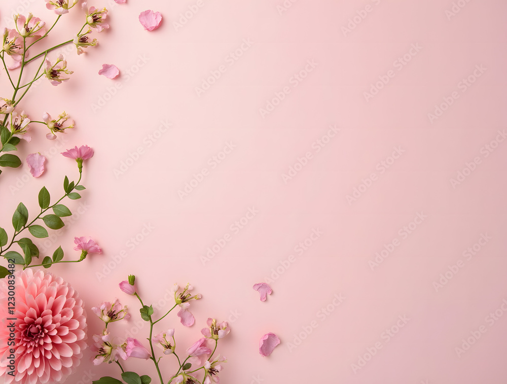Creative floral concept: spring blooming plants and petals on pastel pink background with paper pompoms. Presentation mockup. Top view, flat lay. Creative floral concept: spring blooming plants and petals on pastel pink background with paper pompoms. Presentation mockup. Top view, flat lay.