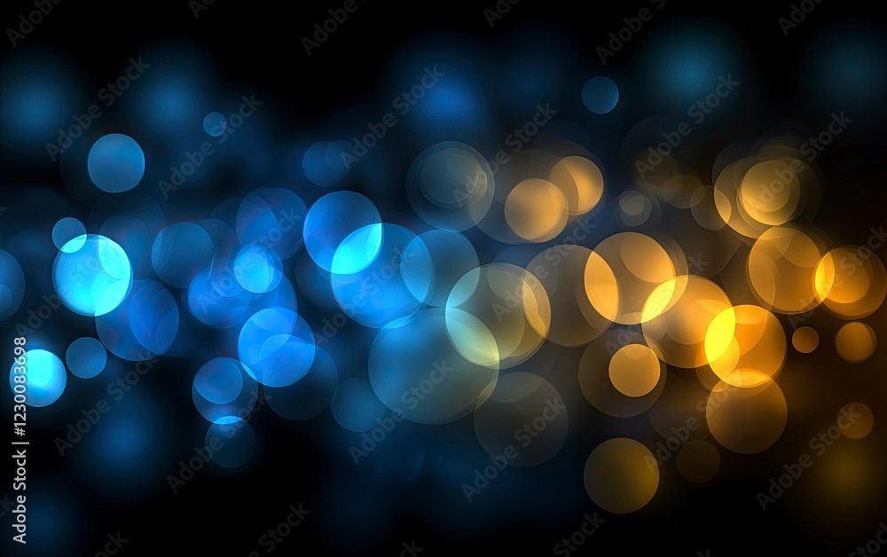Fototapeta premium Abstract bokeh light effect with blue and yellow lights on a transparent background, vector illustration, PNG.