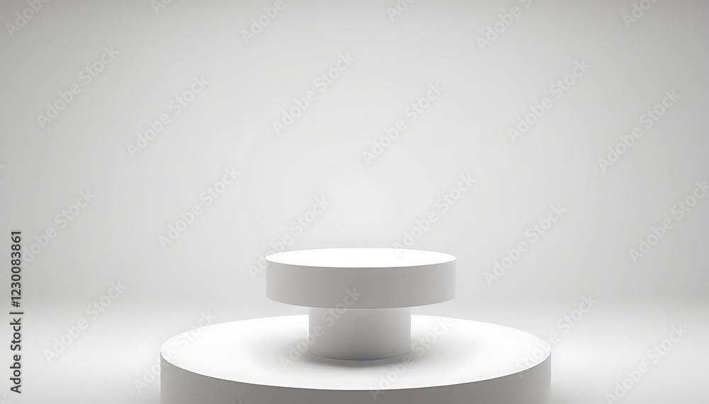 Fototapeta premium empty blank presentation covered pedestal,White round podium in the room with many decorative flying spheres on white wall background. Platform for beauty products presentation.864