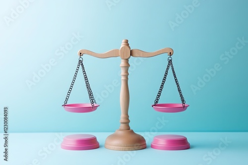 Wooden scales of justice with pink pans, balance, equality, law, legal concept