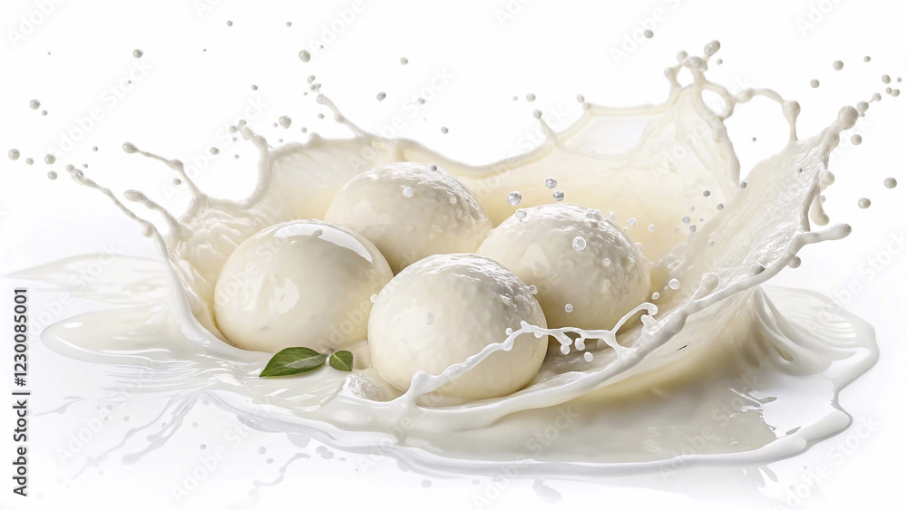 Cheese splash with fresh mozzarella balls in creamy milk on white background Cheese splash with fresh mozzarella balls in creamy milk on white background