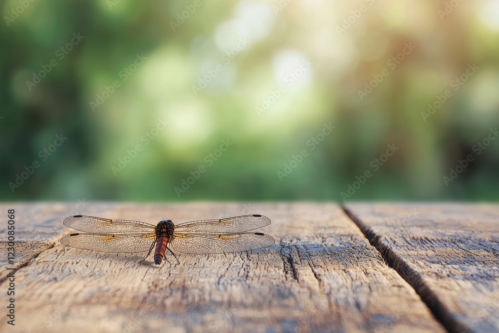 Dragonfly resting on rustic wooden table in peaceful outdoor setting Dragonfly resting on rustic wooden table in peaceful outdoor setting