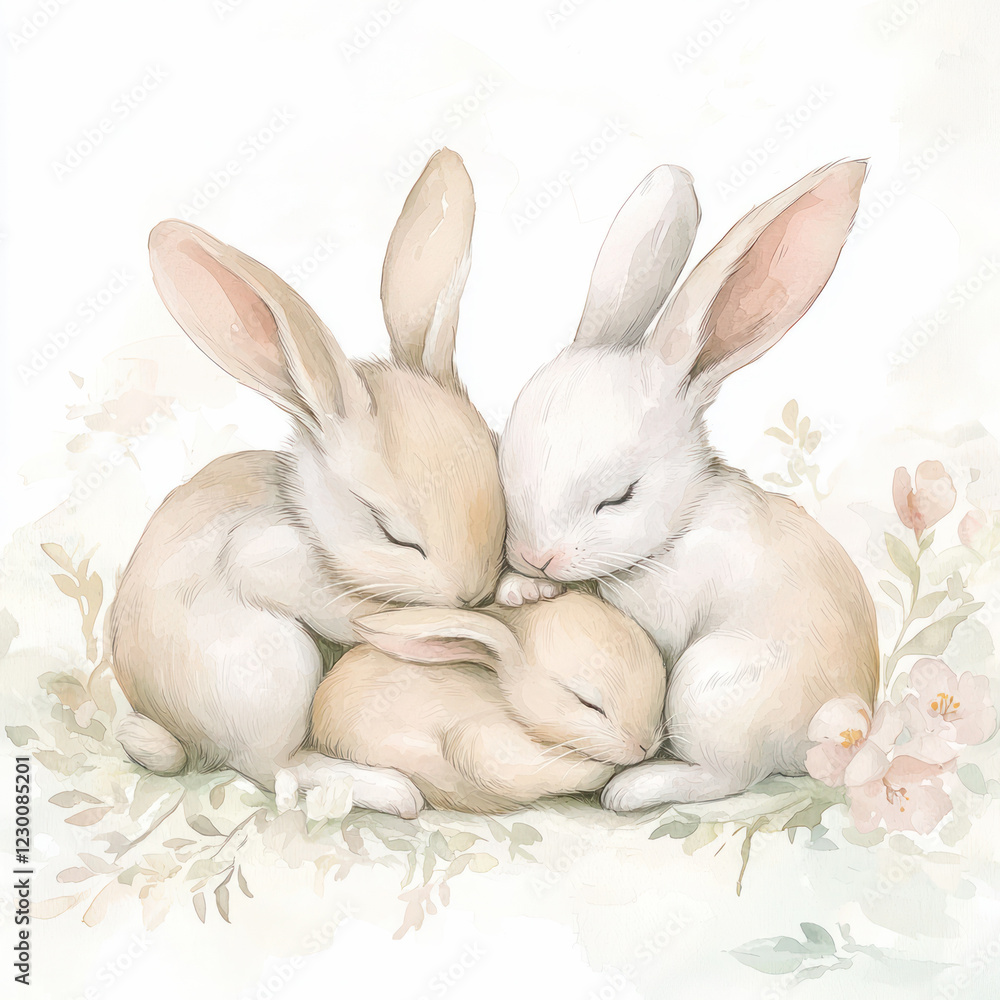 Obraz premium Soft watercolor illustration of three cuddling rabbits peacefully sleeping among delicate pastel flowers and green foliage, creating a warm and cozy spring scene.