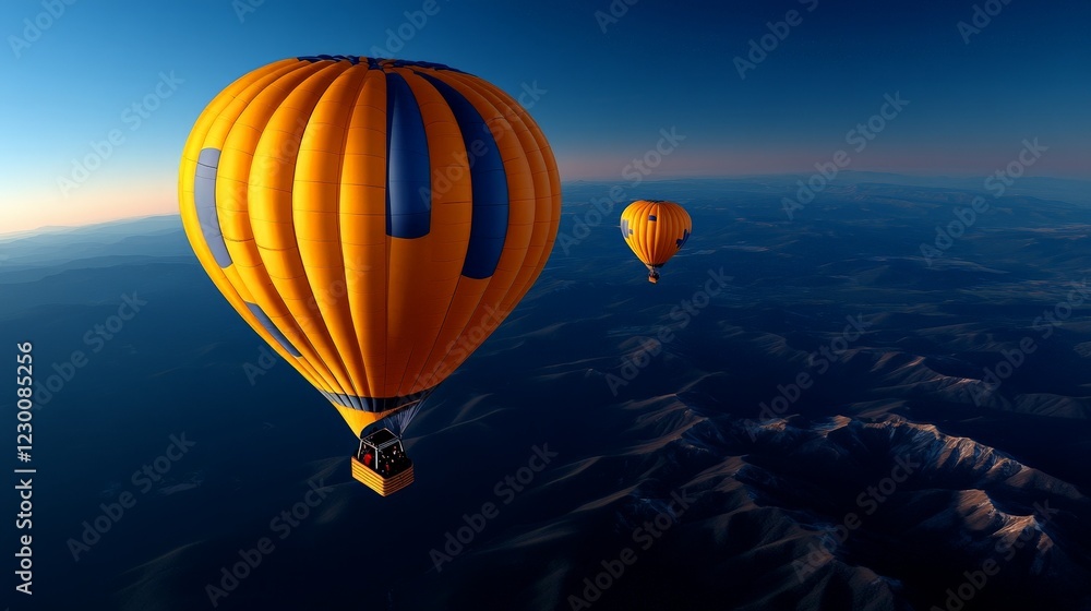 High-Altitude Adventure: Two vibrant orange and blue hot air balloons drift serenely against a breathtaking backdrop of deep blue skies and snow-capped mountains. High-Altitude Adventure: Two vibrant orange and blue hot air balloons drift serenely against a breathtaking backdrop of deep blue skies and snow-capped mountains.