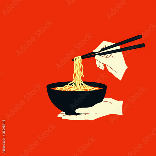 noodles ramen in a red bowl with chopsticks. Oriental asian food