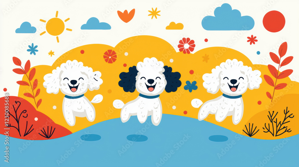 Poodle illustration, A vibrant illustration of joyful poodles running through a park, perfect for pet lovers and nature enthusiasts. Poodle illustration, A vibrant illustration of joyful poodles running through a park, perfect for pet lovers and nature enthusiasts.