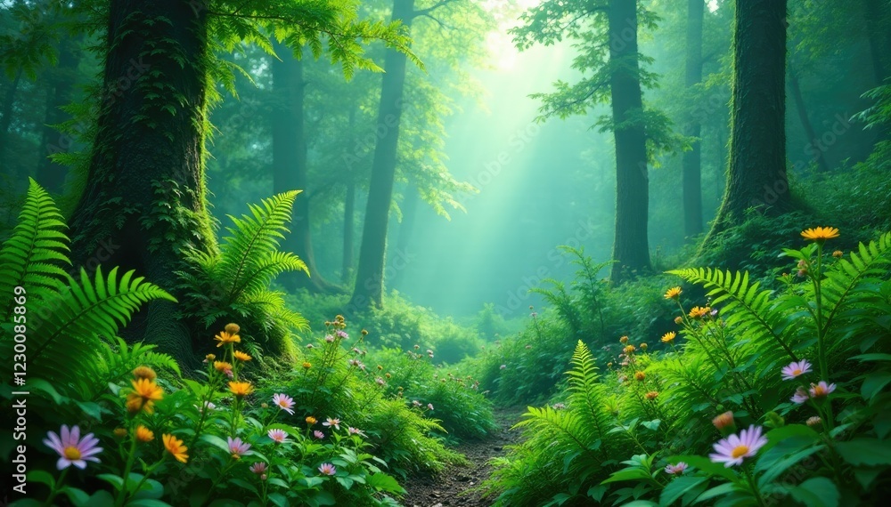 Fototapeta premium Lush forest foliage with ferns and wildflowers, ferns, mist, forest