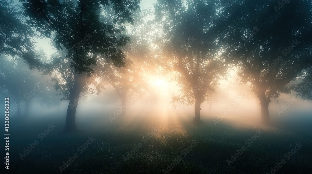 Naklejka premium Sunbeams pierce a misty forest illuminating trees and grass