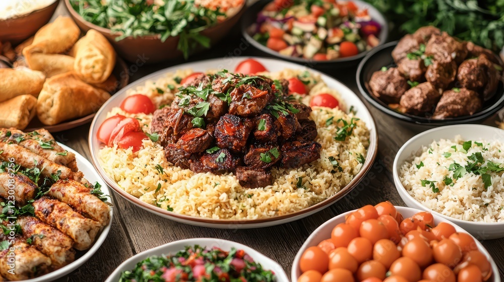 Exquisite Middle Eastern Cuisine Spread with Aromatic Dishes Exquisite Middle Eastern Cuisine Spread with Aromatic Dishes
