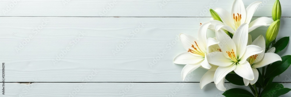 Lush white lilies on a minimalist wooden surface, white flowers, simple Lush white lilies on a minimalist wooden surface, white flowers, simple