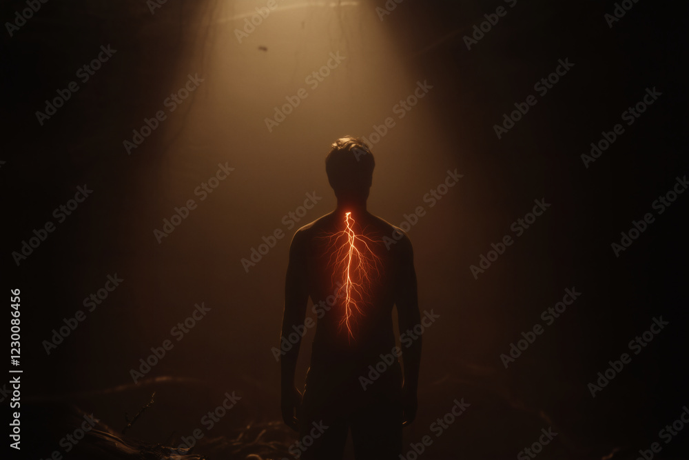 Glowing energy flows through a person's back. Glowing energy flows through a person's back.