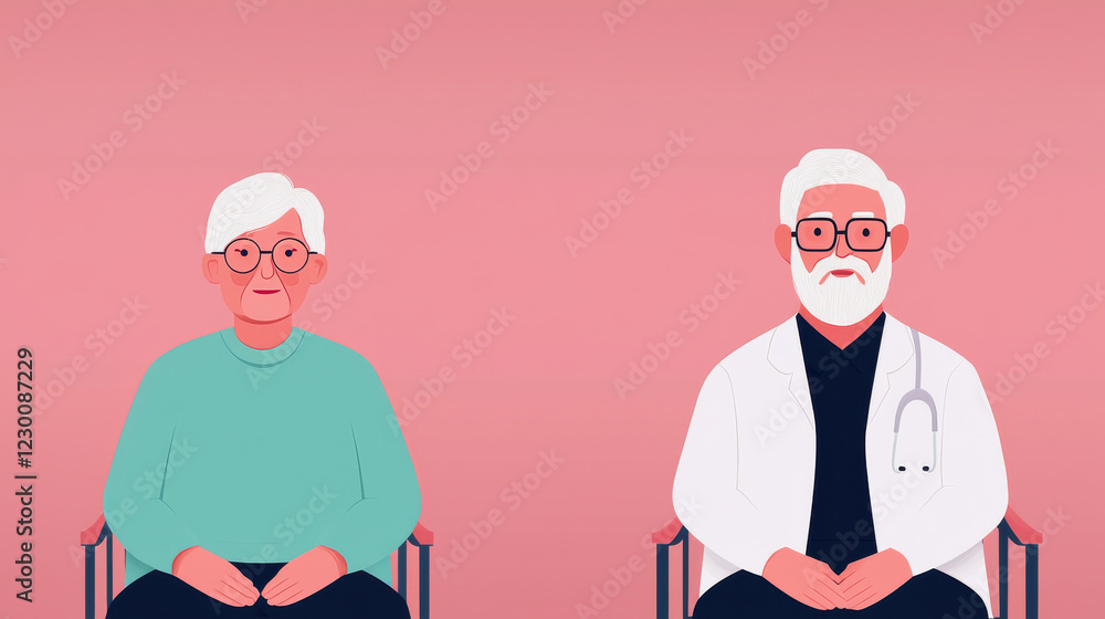 Obraz premium Elderly man and woman sitting together, doctor and patient illustration