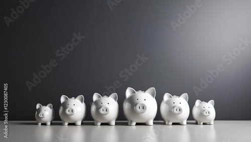 A row of white piggy banks in varying sizes, symbolizing saving, finance, and growth against a simple, dark background.