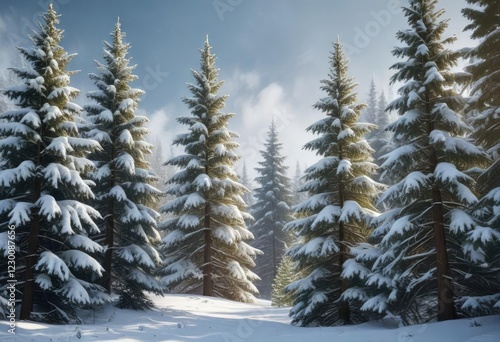 Sparkling snow-covered evergreen trees in forest, glimmering, icy, luminous, winter solstice, wintertide