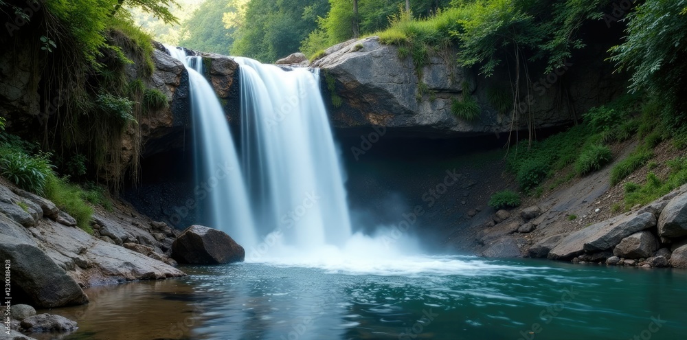 Obraz premium Serene waterfall cascading down a rocky slope, serene, atmosphere, rock