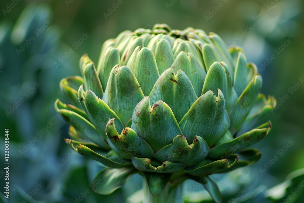 Large green artichoke growing on a plant with a blurred green background Large green artichoke growing on a plant with a blurred green background