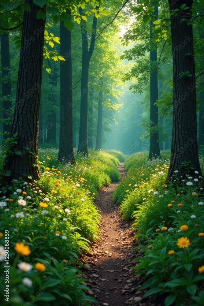 Serpentine forest trail winding through trees, wildflowers, greenery Serpentine forest trail winding through trees, wildflowers, greenery