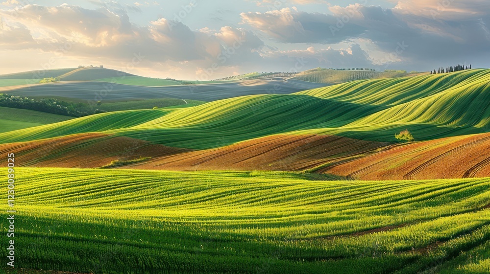 Obraz premium Lush green rolling hills under a vibrant sky showcasing nature's beauty and tranquility