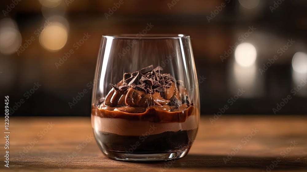 A rich chocolate lava cake served in a glass, with molten chocolate peeking through the layers. picture A rich chocolate lava cake served in a glass, with molten chocolate peeking through the layers. picture