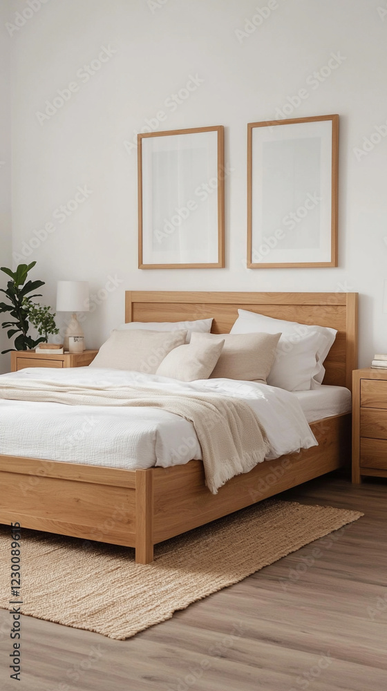 Cozy bedroom featuring a wooden bed and minimalistic decor. Cozy bedroom featuring a wooden bed and minimalistic decor.