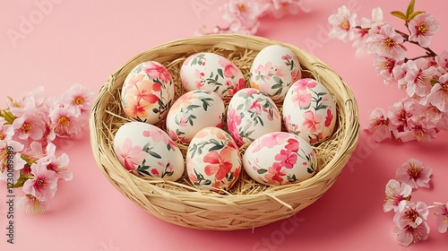 Beautifully Decorated Easter Eggs in a Basket with Flowers