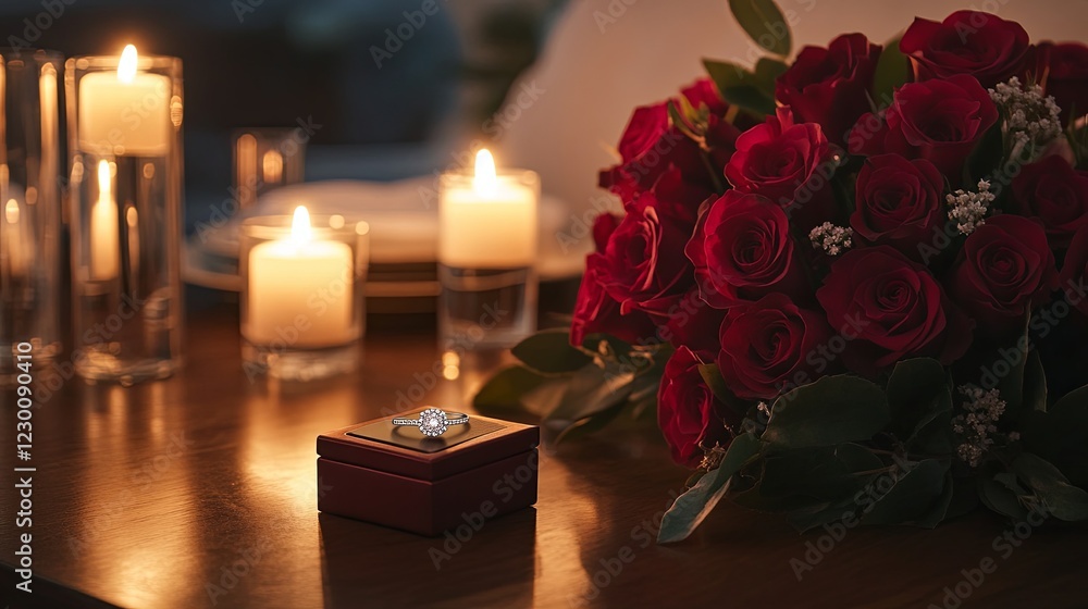 A romantic dinner table with an engagement ring box beside a bouquet of red roses and lit candles picture A romantic dinner table with an engagement ring box beside a bouquet of red roses and lit candles picture