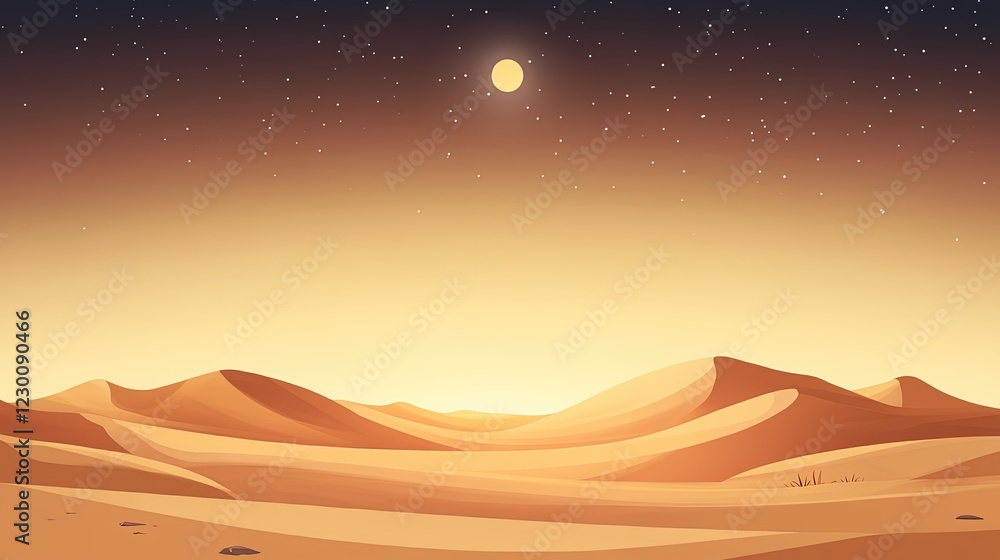 Desert Serenity, expansive sand dunes rise beneath a vast starry sky, inviting solitude and adventure under the celestial canvas.