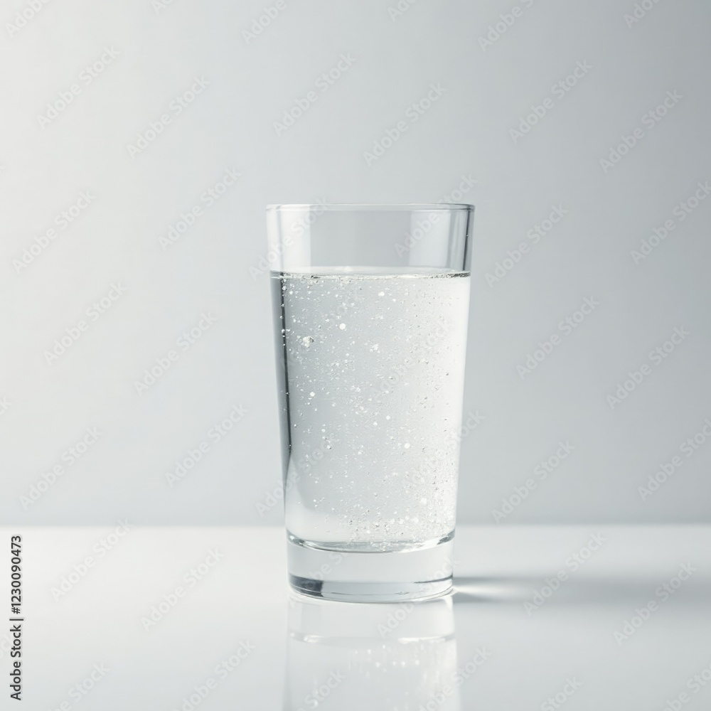 Sparkling water in a minimalist clear glass on a white surface, glass, pure, minimalist Sparkling water in a minimalist clear glass on a white surface, glass, pure, minimalist
