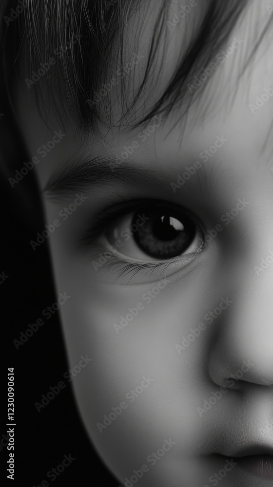 Fototapeta premium Close-up of a child's expressive eye revealing innocence and curiosity captured against a dark background