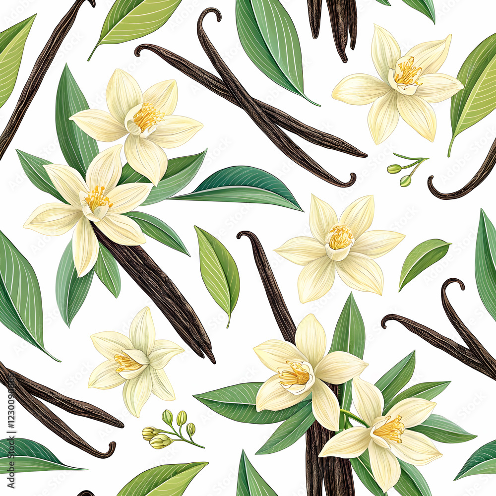 Obraz premium Vanilla pods and fresh vanilla flower isolated on white background natural aromatic ingredients for culinary
