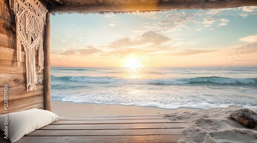 Bohemian Beach Retreat, rustic cabana adorned with macrame, soothing waves create a serene atmosphere for rejuvenation and wellness.