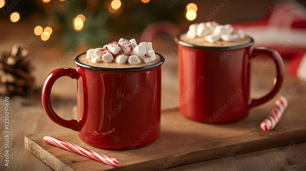 Fototapeta premium Two red mugs filled with creamy hot chocolate topped with marshmallows and candy canes, set against a festive backdrop with warm lights.