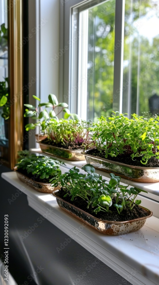Fototapeta premium Indoor herb garden with sunlit leaves on window ledge
