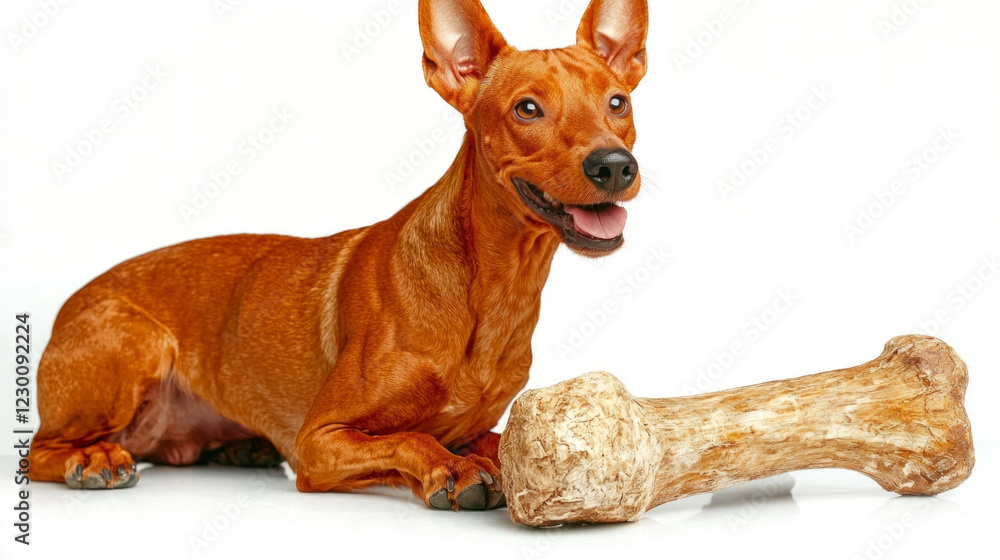 Pharaoh Hound enjoys chewing on large bone while lounging comfortably on clean white surface. Its expressive face conveys joy and contentment during activity. Pharaoh Hound enjoys chewing on large bone while lounging comfortably on clean white surface. Its expressive face conveys joy and contentment during activity.