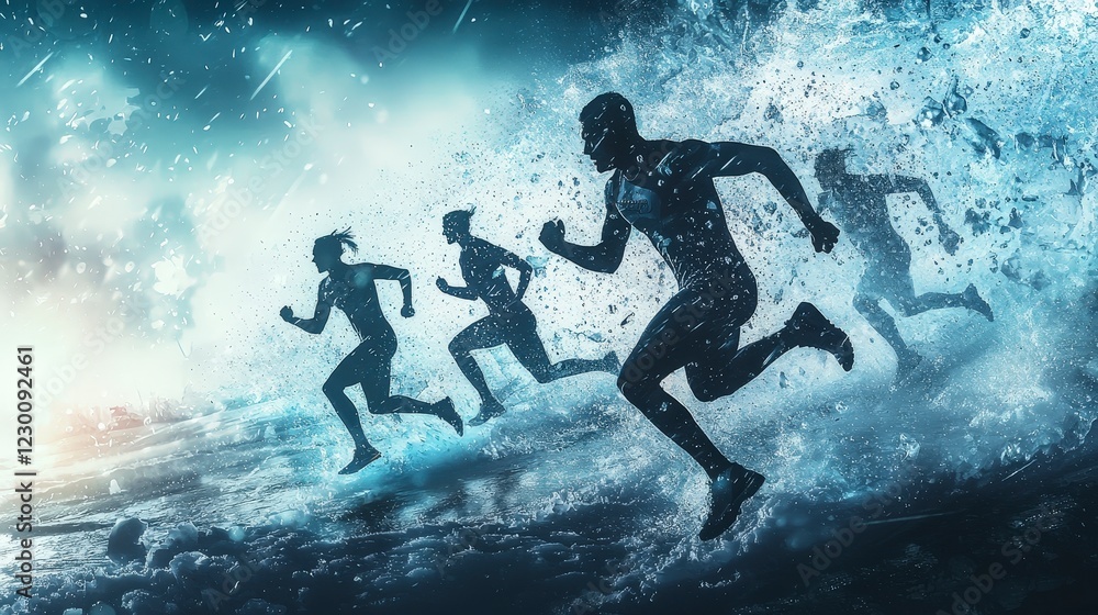 Dynamic Silhouettes of Runners Sprinting Through Water Splashing Action Dynamic Silhouettes of Runners Sprinting Through Water Splashing Action