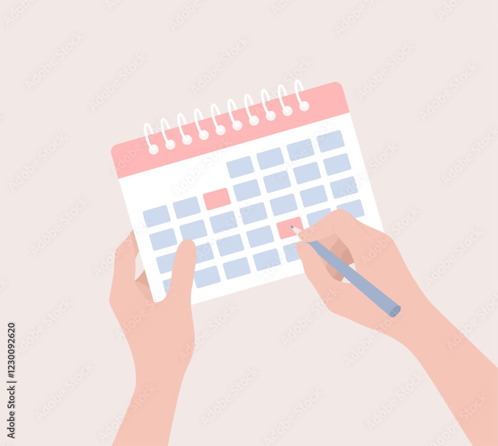 Hands holding a calendar and marking the date with a pen on it, flat vector illustration Hands holding a calendar and marking the date with a pen on it, flat vector illustration