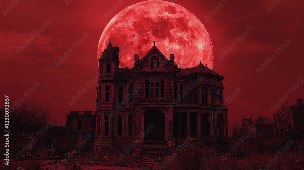 Fototapeta premium Haunted Mansion Under a Blood Red Moon