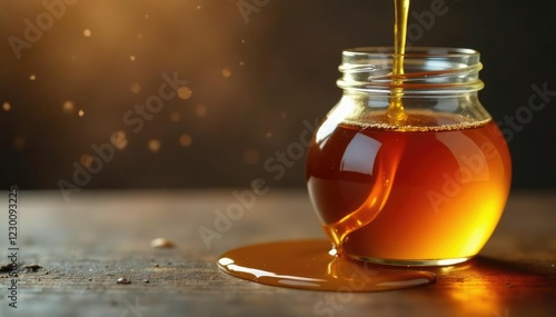 A jar of golden syrup slowly releases its contents, drips, golden syrup, jar photo