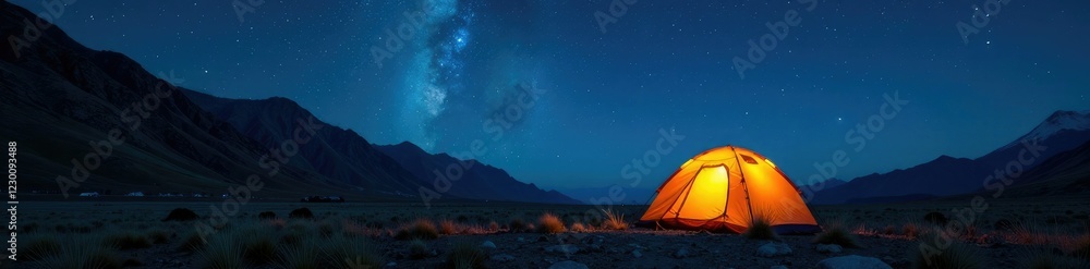 A lone campsite with a tent in the midst of stars, solo, night scene, stars A lone campsite with a tent in the midst of stars, solo, night scene, stars