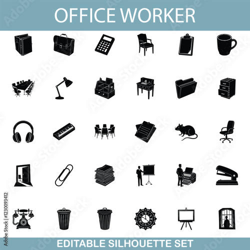 Office Worker Silhouette Icons Desk, Chair, Files, Tools, Supplies