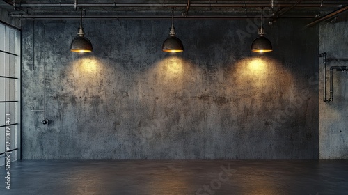 Industrial Loft Interior Design: Three Pendant Lights Illuminate a Raw Concrete Wall