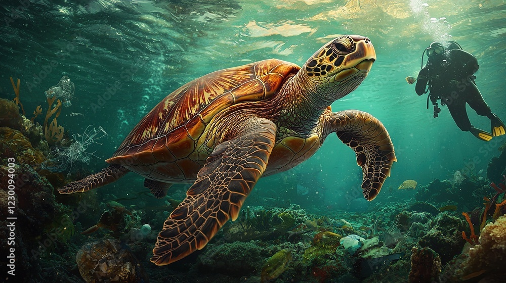 Fototapeta premium Diving encounter with a majestic sea turtle coral reef underwater photography ocean close-up marine life