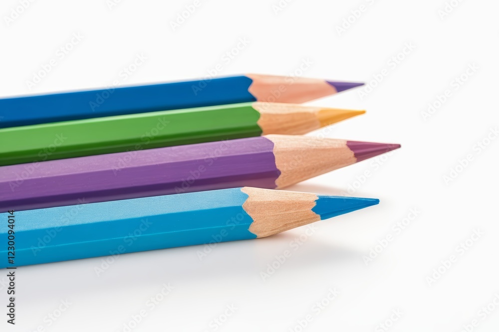 several colored pencils are lined up in a row on a white surface