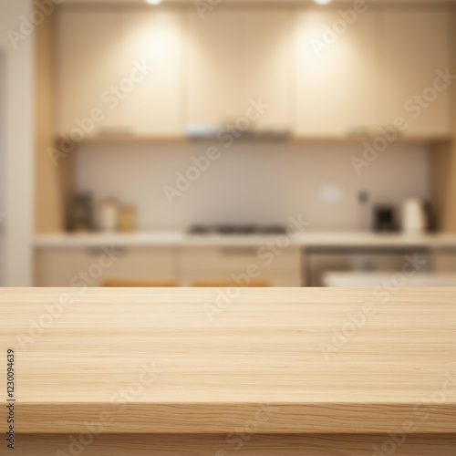 An Empty Wooden Tabletop, Set Against a Defocused Kitchen Background, Offering Ample Copy Space for Presenting Products or Creating Design Visuals