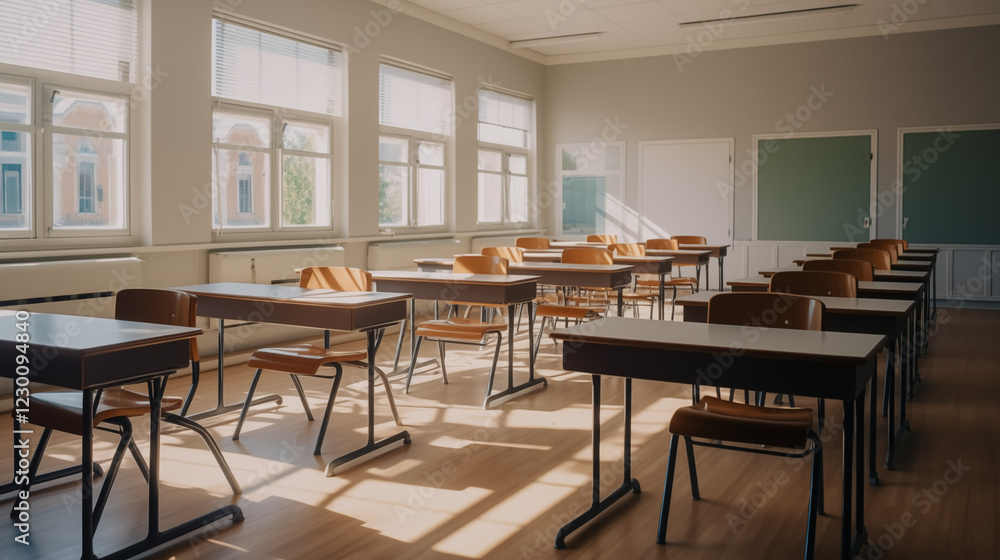 empty classroom desks chairs sunlight shadows open door quiet school interior photography empty classroom desks chairs sunlight shadows open door quiet school interior photography