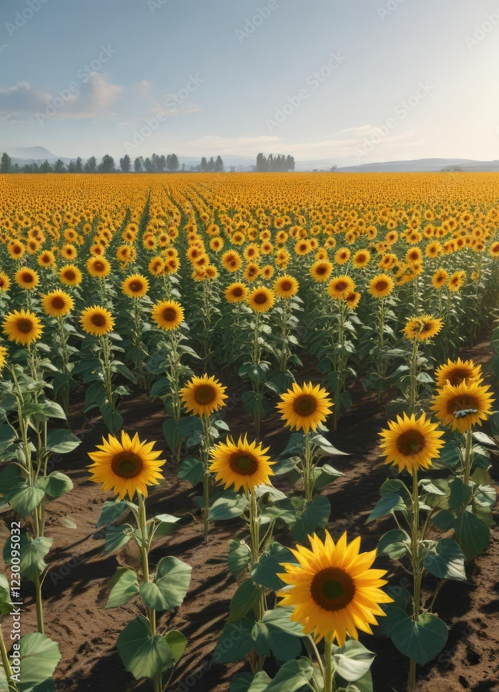 Obraz premium Row of sunflowers in a field with tall stalks and bright orange-yellow petals, blooming flowers, golden fields